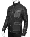 Black Leather Jacket with 4 Pockets Side Look