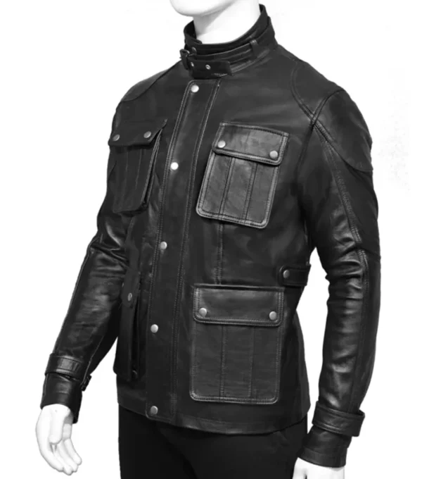 Black Leather Jacket with 4 Pockets Side Look