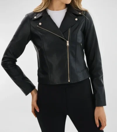 Black Leather Moto Biker Jacket for Women