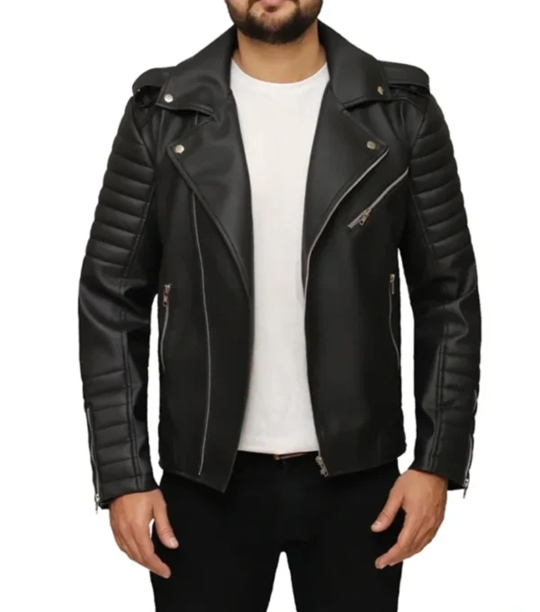 Black Leather Quilted Biker Jacket