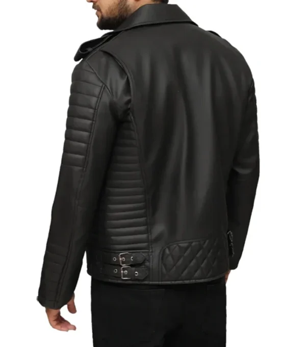 Black Leather Quilted Biker Jacket Back