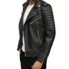 Black Leather Quilted Biker Jacket Side Look