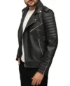 Black Leather Quilted Biker Jacket Side Look
