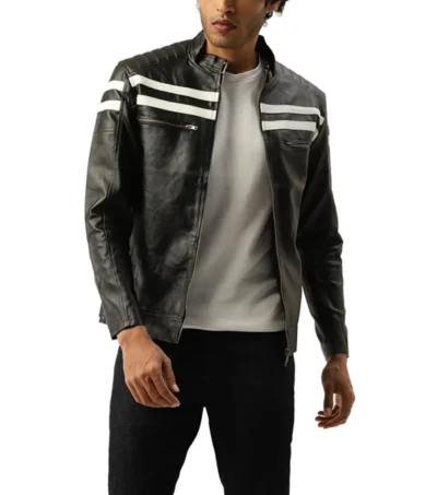 Black Leather Racer with Double White Lines