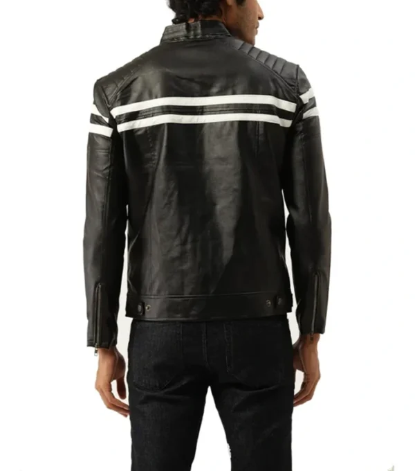 Black Leather Racer with Double White Lines Back