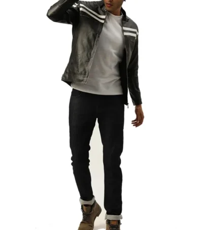 Black Leather Racer with Double White Lines on Sale