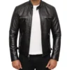 Black Leather Zipper Cafe Racer Jacket for Men