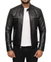 Black Leather Zipper Cafe Racer Jacket for Men