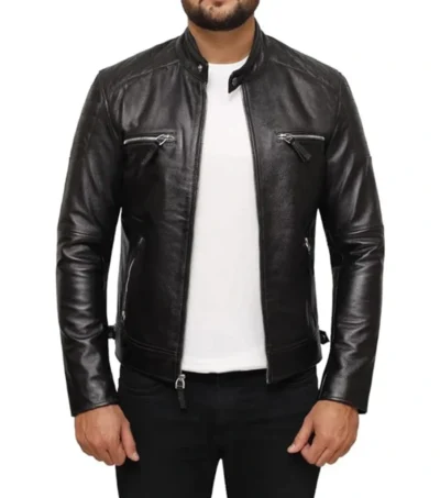 Black Leather Zipper Cafe Racer Jacket for Men