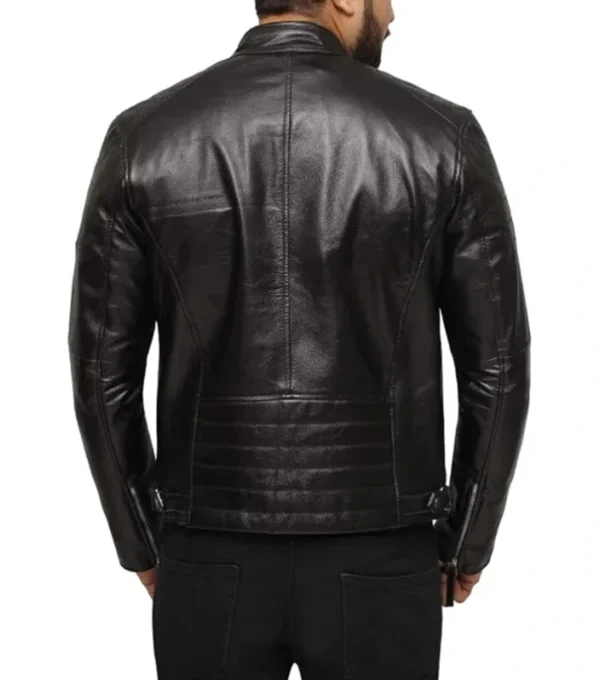 Black Leather Zipper Cafe Racer Jacket for Men Back