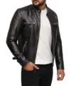 Black Leather Zipper Cafe Racer Jacket for Men Front