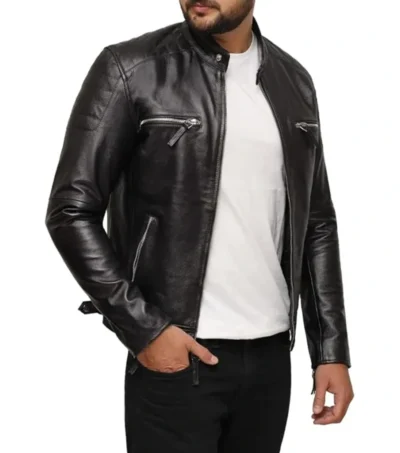 Black Leather Zipper Cafe Racer Jacket for Men Front