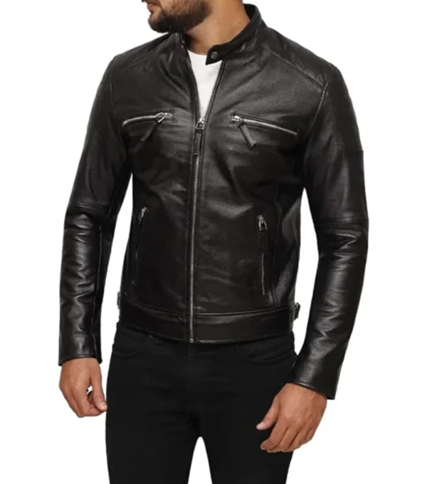 Black Leather Zipper Cafe Racer Jacket for Mens