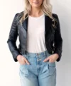 Black Quilted Biker Leather Jacket for Women Front