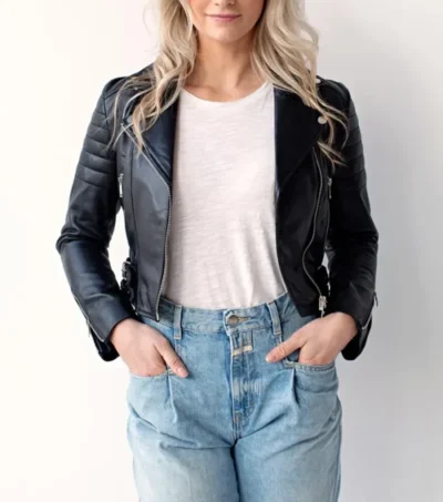 Black Quilted Biker Leather Jacket for Women Front