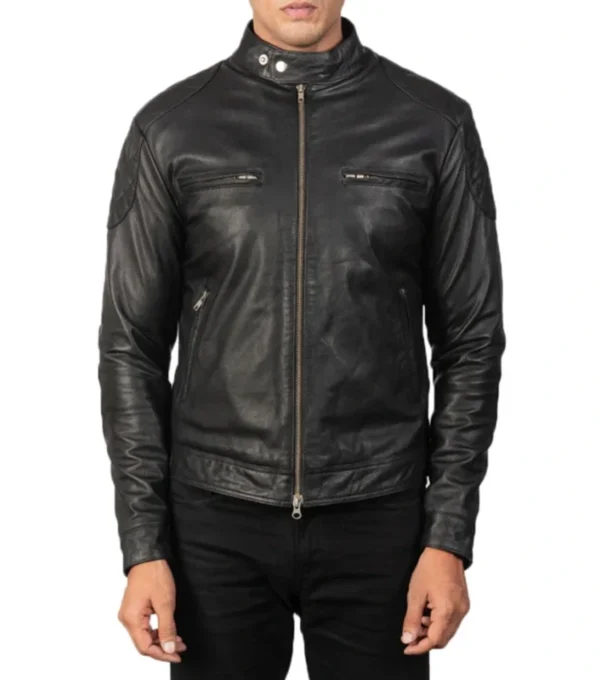 Black Quilted Leather Moto Jacket Front