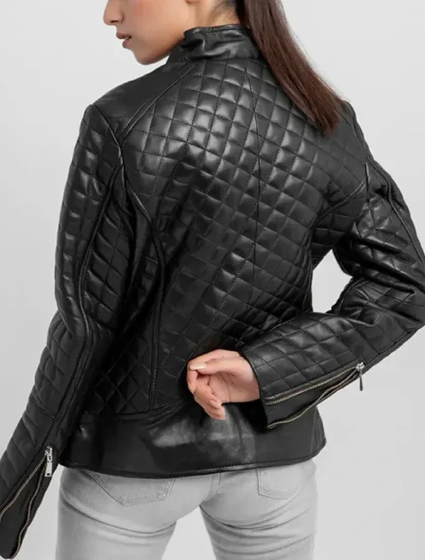 Black Quilted Leather Zipper Jacket for Women Back