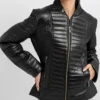 Black Quilted Leather Zipper Jacket for Women Front