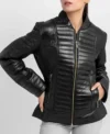 Black Quilted Leather Zipper Jacket for Women Front