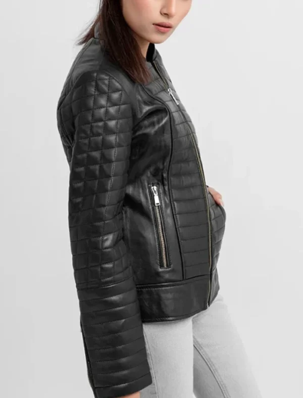 Black Quilted Leather Zipper Jacket for Women Side Look
