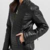 Black Quilted Leather Zipper Jacket for Women on Sale