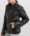 Black Quilted Leather Zipper Jacket for Women on Sale