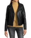 Black Quilted Shoulder Leather Biker Jacket for Women