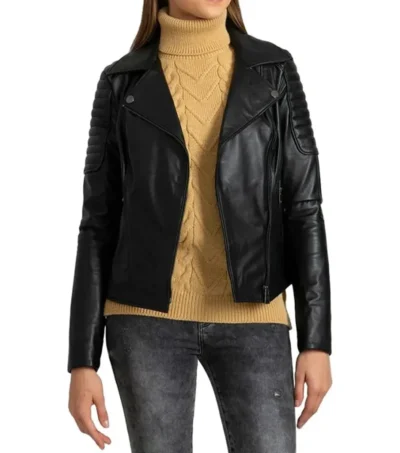 Black Quilted Shoulder Leather Biker Jacket for Women
