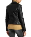 Black Quilted Shoulder Leather Biker Jacket for Women Back