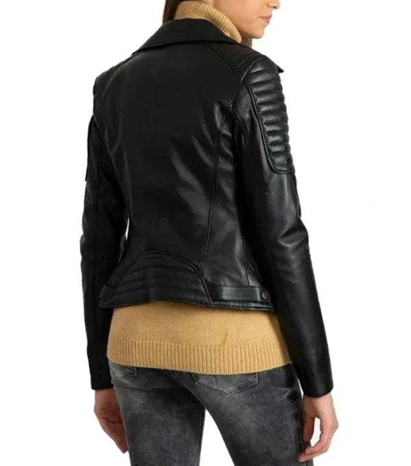 Black Quilted Shoulder Leather Biker Jacket for Women Back