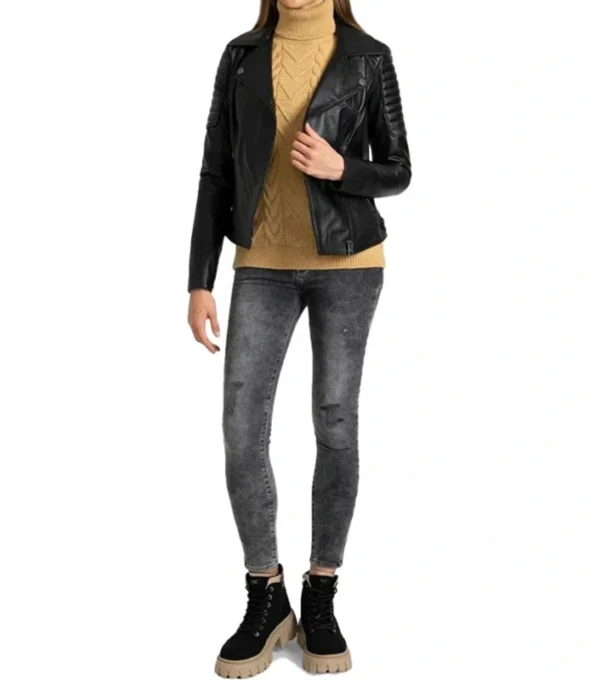 Black Quilted Shoulder Leather Biker Jacket for Women Front