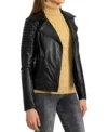 Black Quilted Shoulder Leather Biker Jacket for Women Side Look