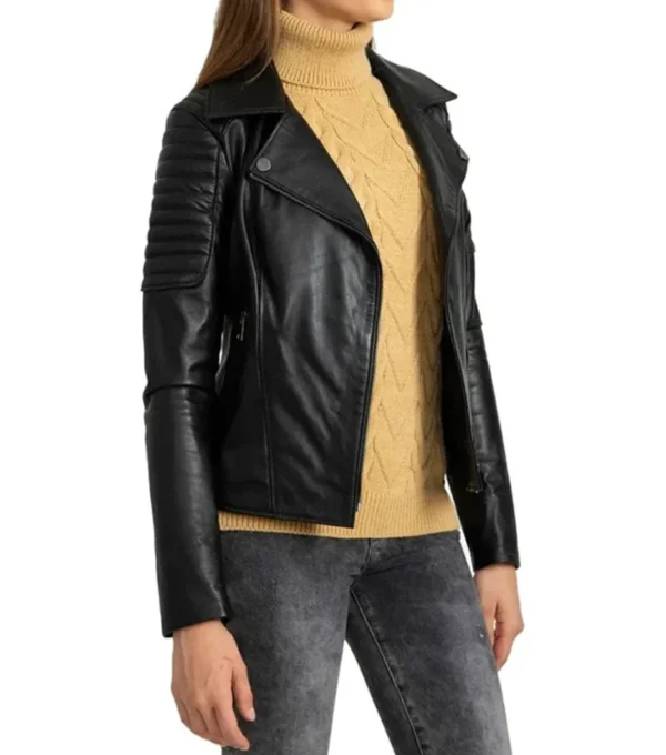 Black Quilted Shoulder Leather Biker Jacket for Women Side Look