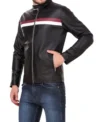 Black Racer Stripe Leather Jacket on Sale