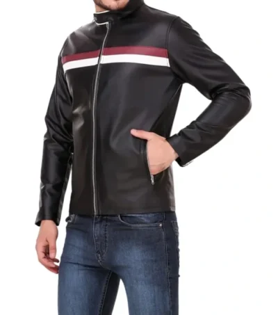 Black Racer Stripe Leather Jacket on Sale