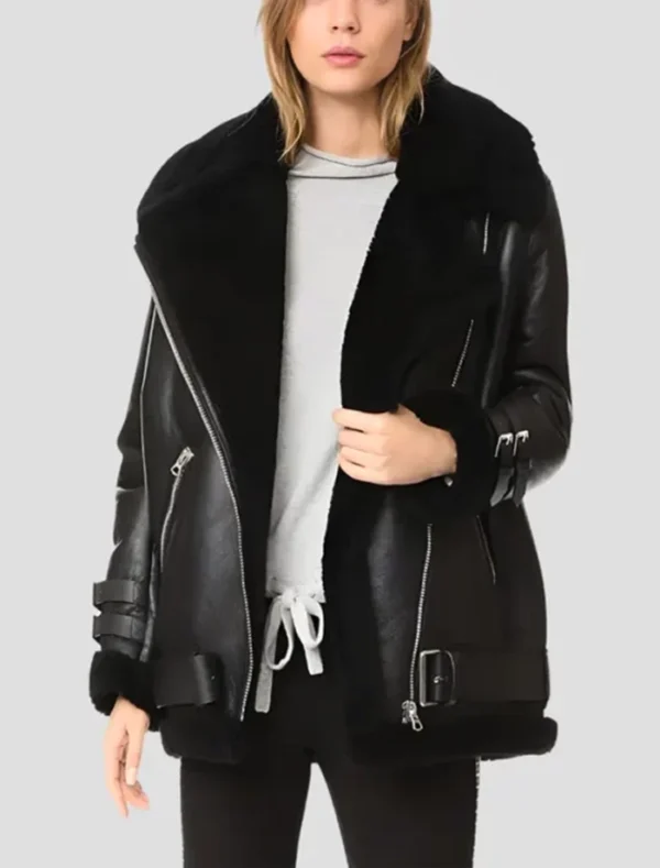 Black Shearling Leather Biker Jacket for Women