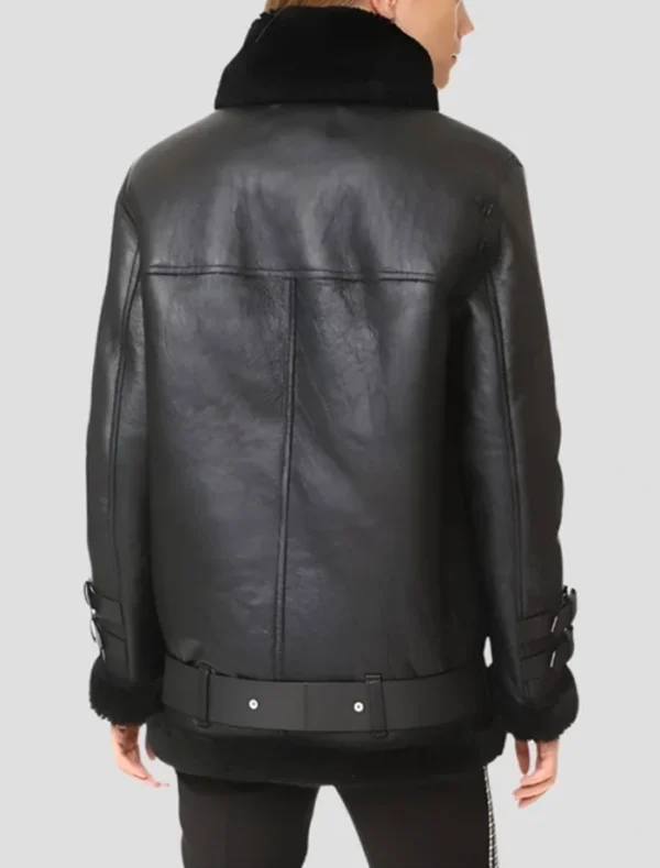 Black Shearling Leather Biker Jacket for Women Back