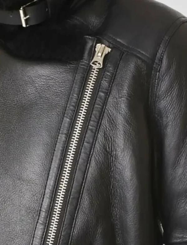 Black Shearling Leather Biker Jacket for Women Front