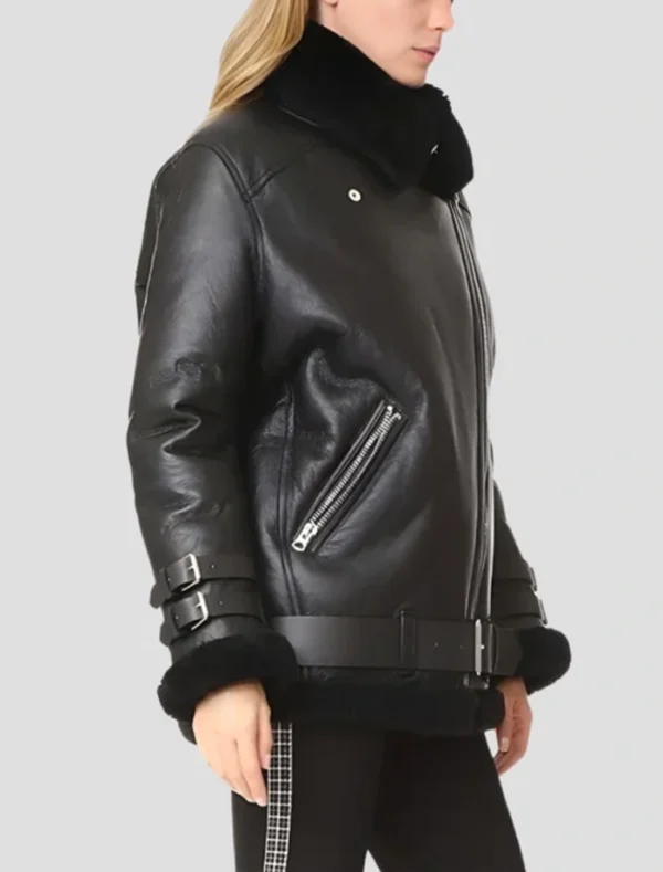 Black Shearling Leather Biker Jacket for Women Side Look