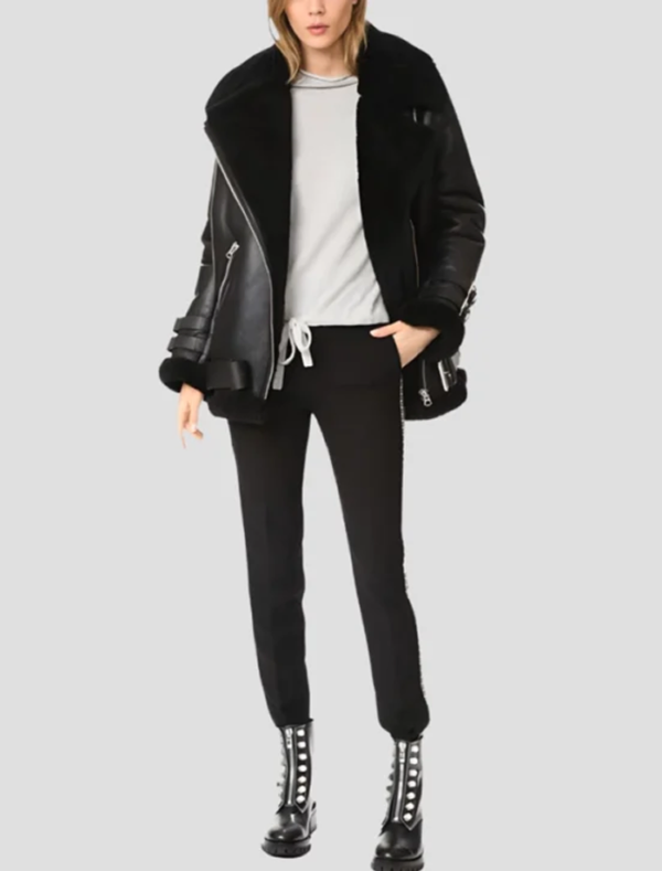 Black Shearling Leather Biker Jacket for Womens