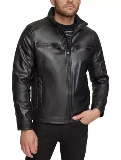 Black Stand Collar Leather Jacket with Zipper