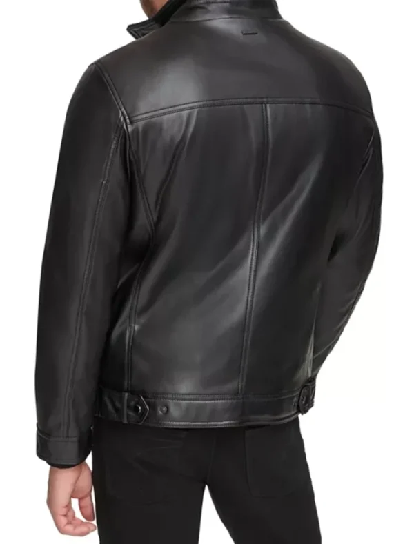 Black Stand Collar Leather Jacket with Zipper Back