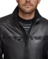 Black Stand Collar Leather Jacket with Zipper Front