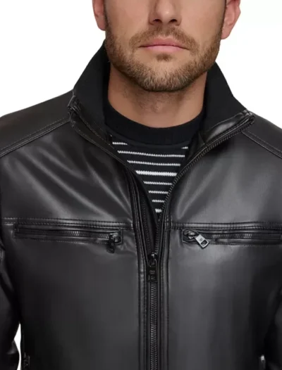 Black Stand Collar Leather Jacket with Zipper Front