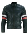 Black Striped Leather Cafe Racer Jacket