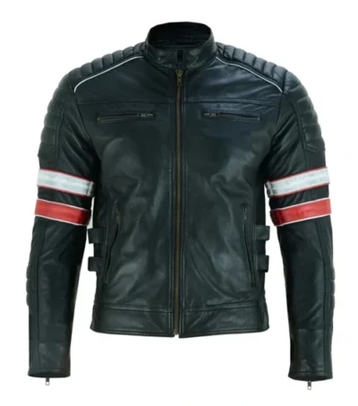 Black Striped Leather Cafe Racer Jacket