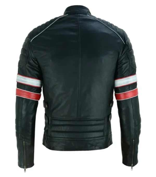 Black Striped Leather Cafe Racer Jacket Back