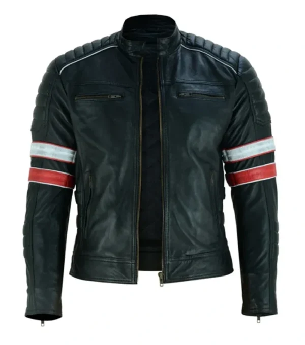 Black Striped Leather Cafe Racer Jacket Front