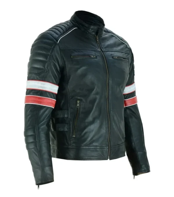 Black Striped Leather Cafe Racer Jacket Side Look