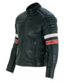 Black Striped Leather Cafe Racer Jacket on Sale